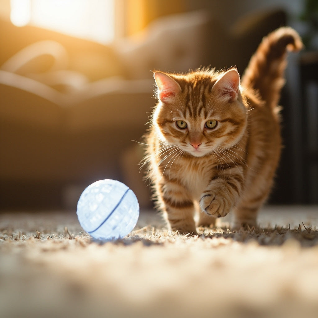 Happy orange tabby cat chasing AI-powered smart ball toy with LED lights on cozy living room floor - smart interactive pet toy