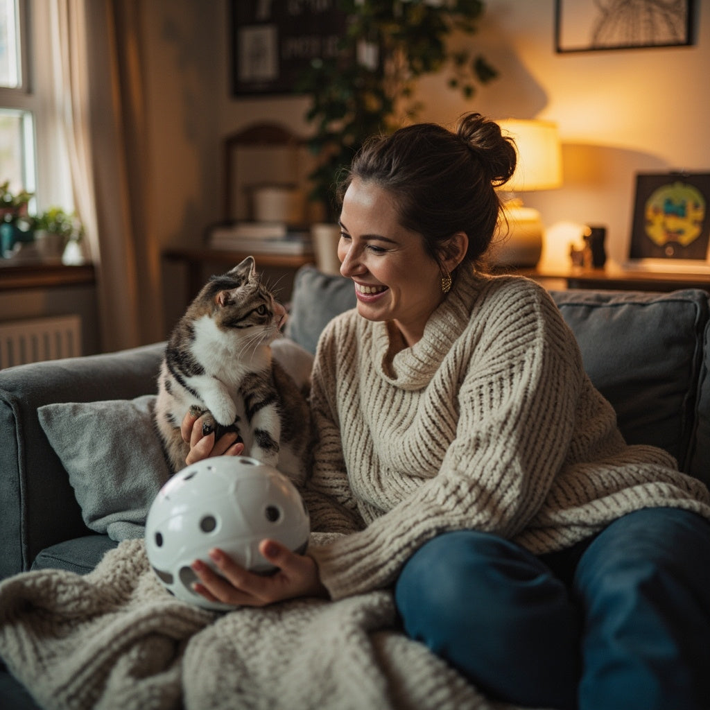 Content woman relaxing on couch while cat plays with AI smart ball toy - busy pet parent lifestyle photography